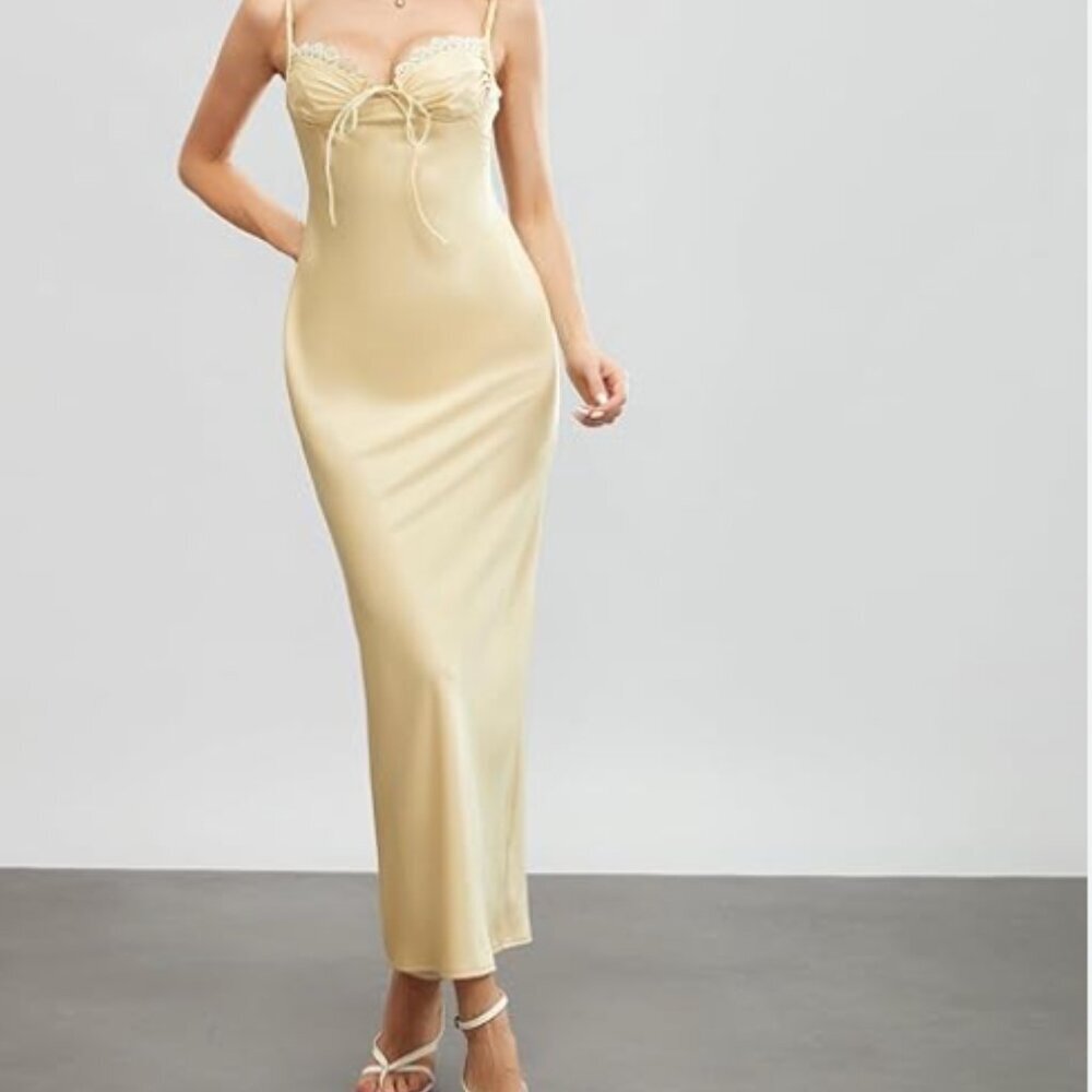 Pretty Little Thing Satin Soft Yellow slip dress lave detail bustier golden long
